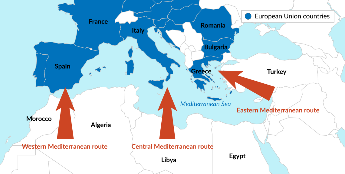 Map of migration routes from Africa to Europe