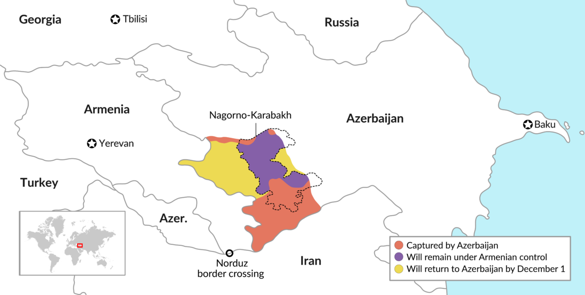 A map of the Nagorno-Karabakh ceasefire agreement