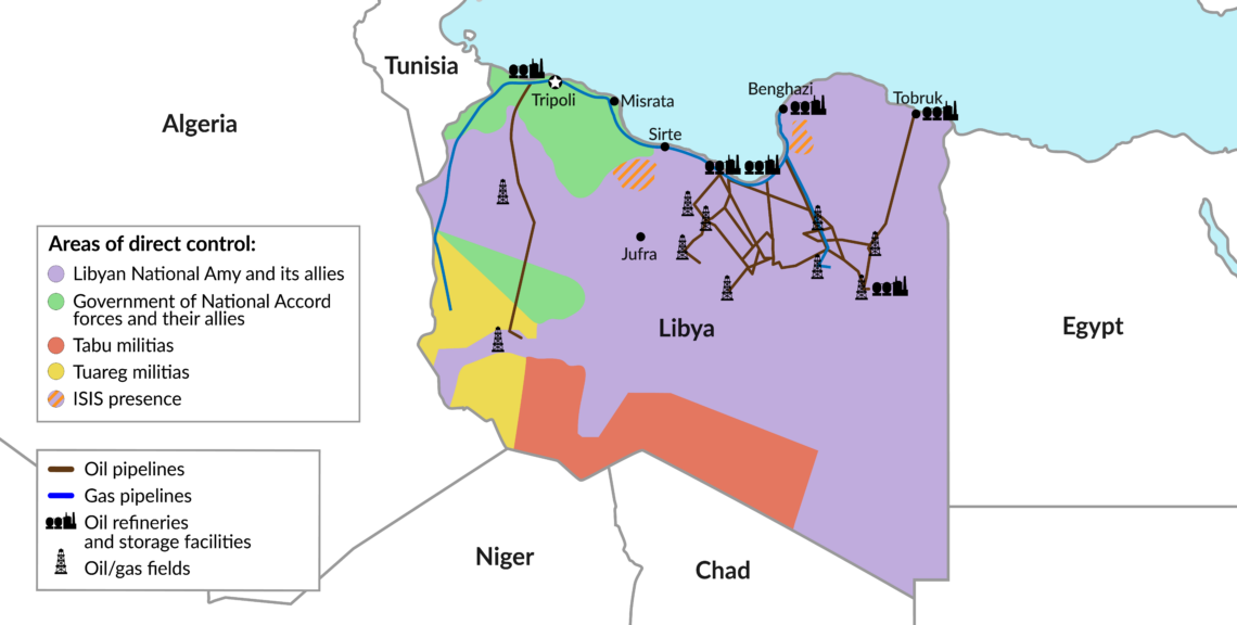 A map showing the territories controlled by the forces of the two leading factions and their allies, and the militias in Libya, as of late October 2020