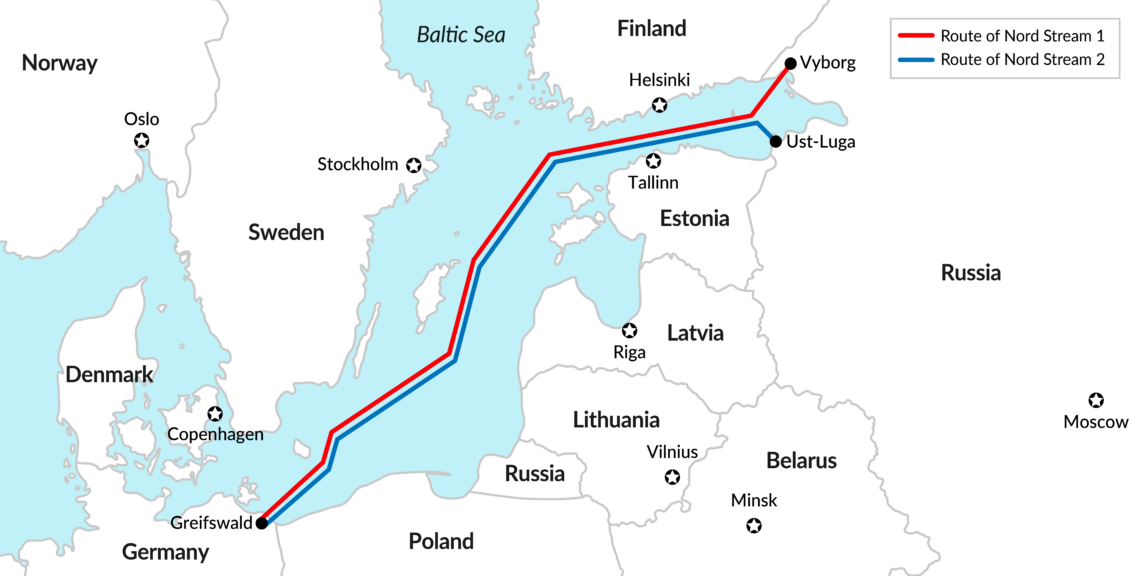 The Nord Stream 1 and 2 pipeline routes