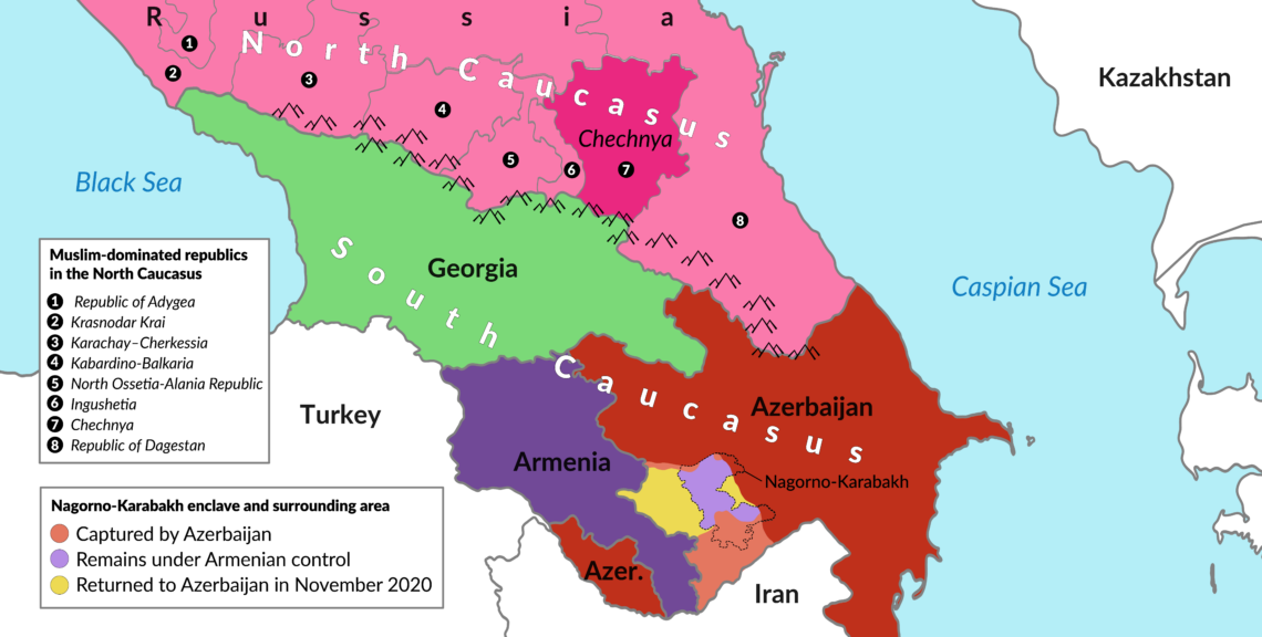 A political map showing the South Caucasus (Transcaucasia) in Asia and North Caucasus (Ciscaucasia) in Europe