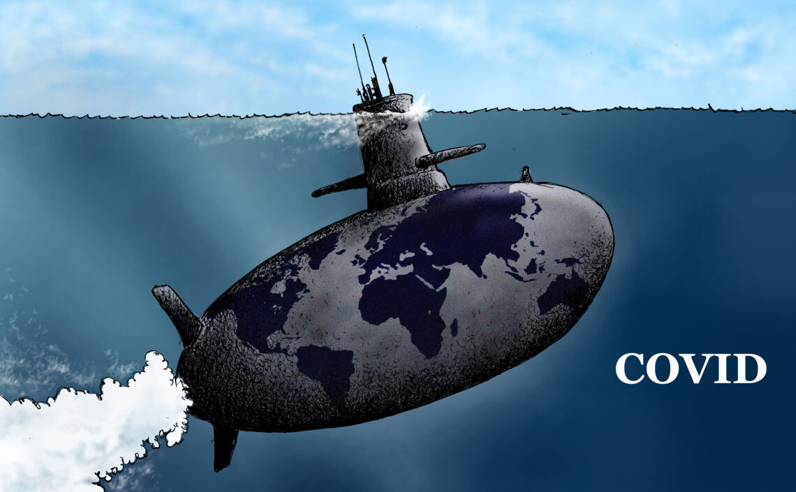 A cartoon showing a Covid submarine