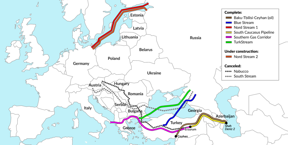 Various pipelines and pipeline projects in Europe