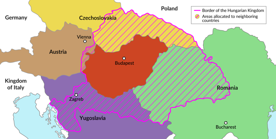 Map showing the territories that Hungary had to surrender as a result of the decisions made at the Paris Peace Conference in 1920