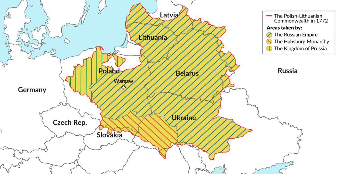 A map that shows the borders of the historic Polish state superimposed on a contemporary political map of Europe