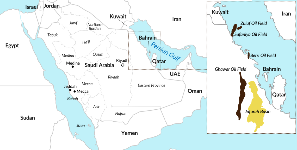 A map of major gas producing areas in Saudi Arabia