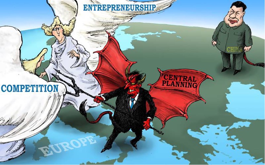 A cartoon showing the devil of central planning fighting off the angels of entrepreneurship and competition over Europe, while China watches