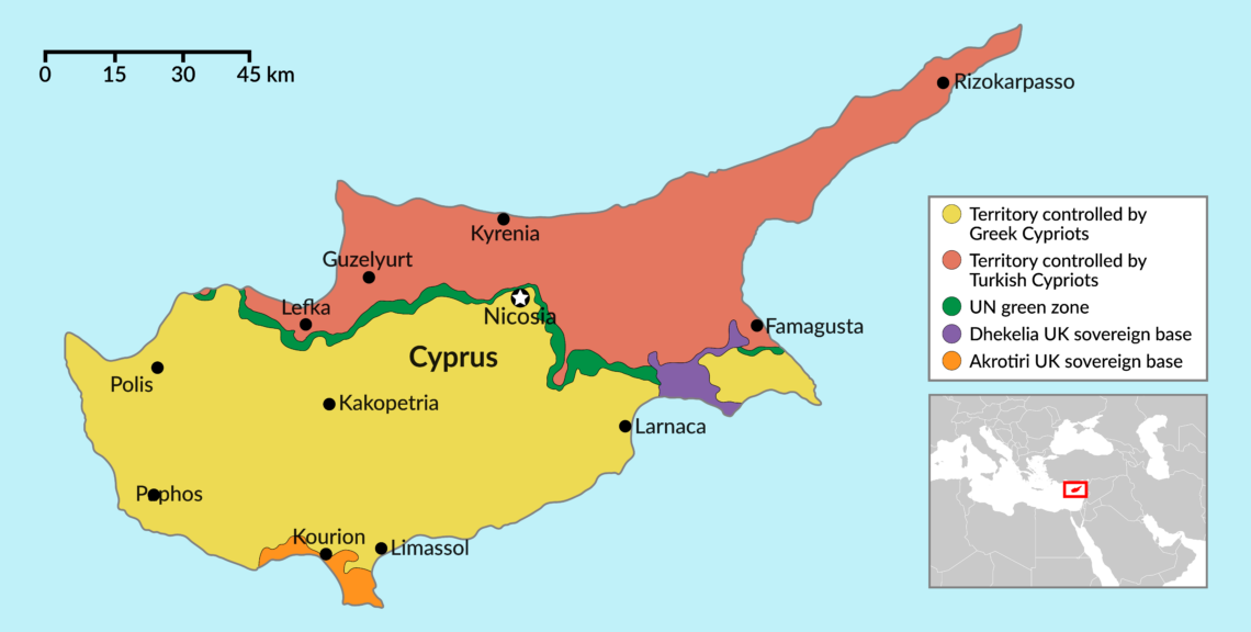 A map showing Cyprus' different territorial structures