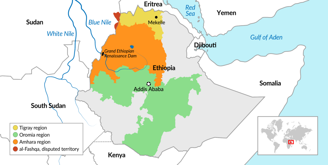 A map showing the geography and hotspots of Ethiopia’s multiple conflicts