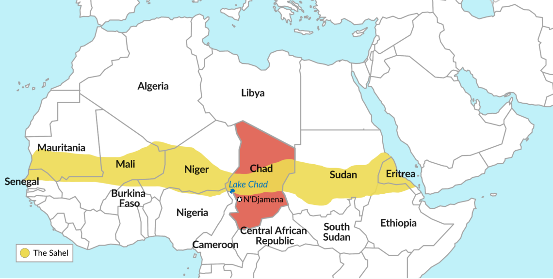 A map showing Chad surrounded by seriously destabilized countries in the Sahel region
