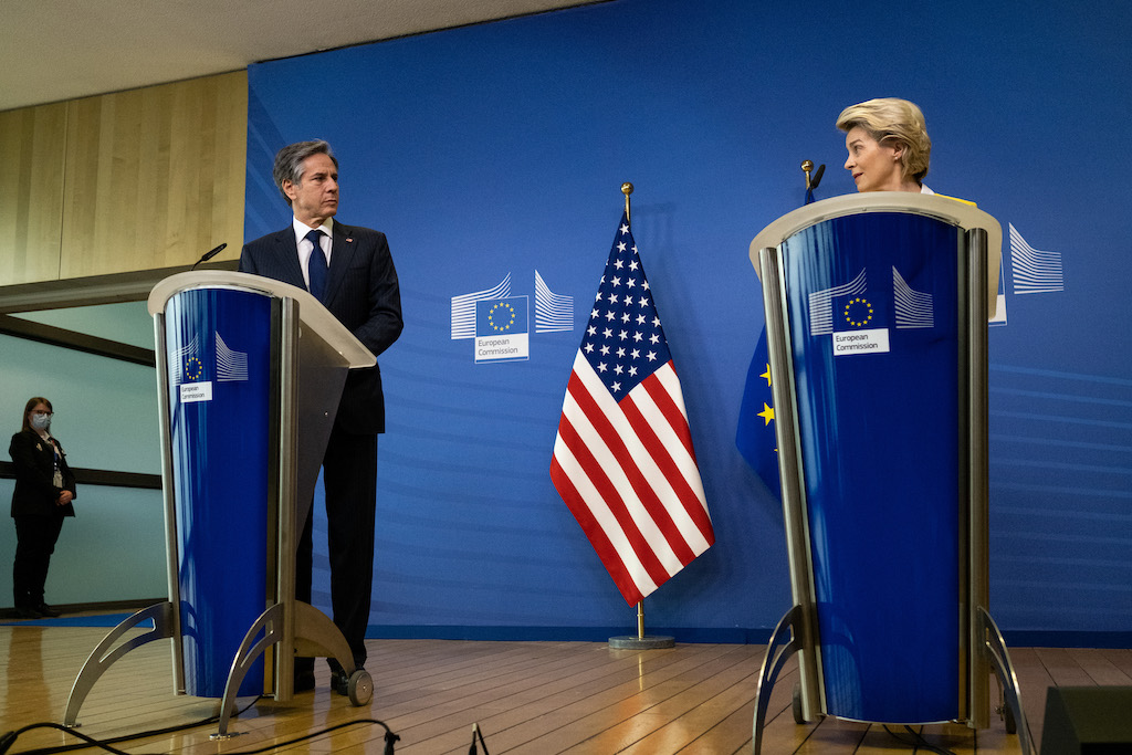 U.S. secretary of state and the head of the EU Commission at a press conference in the Berlaymont building in Brussels in March 2021.
