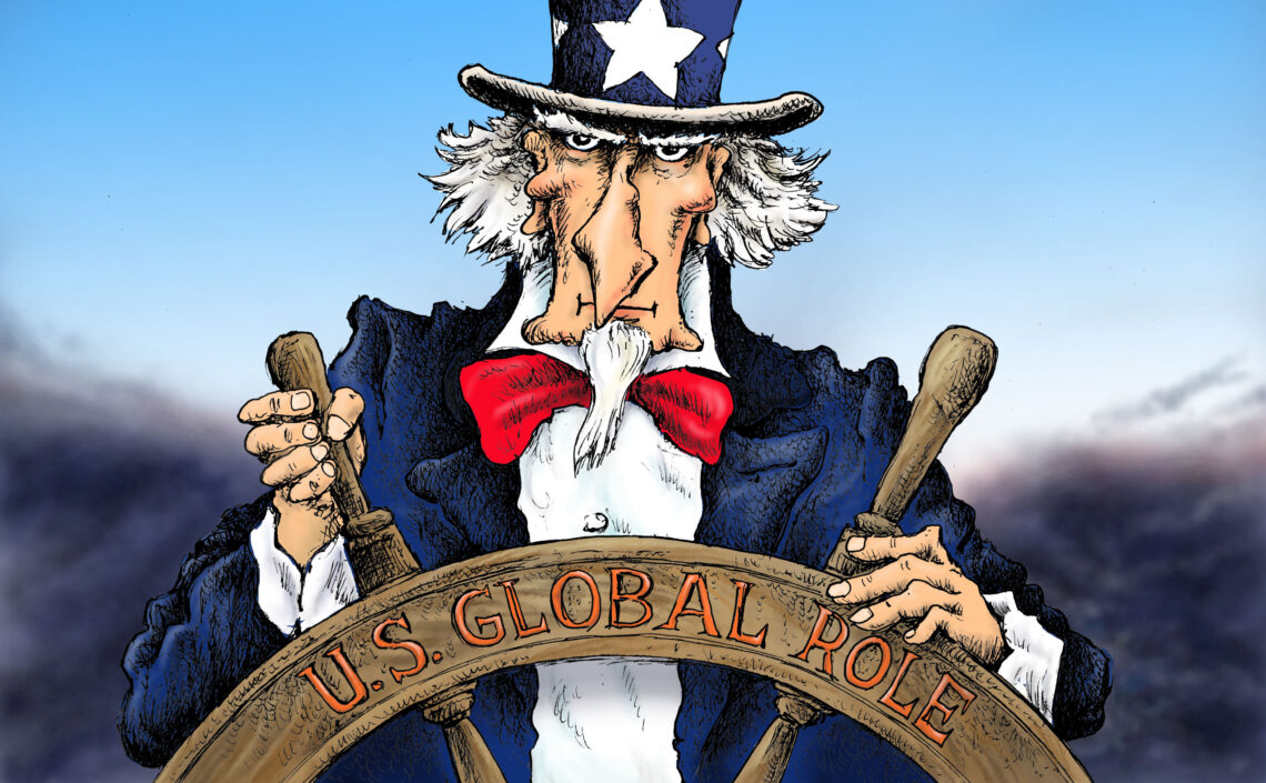Uncle Sam steering the ship called "U.S. Global Role"