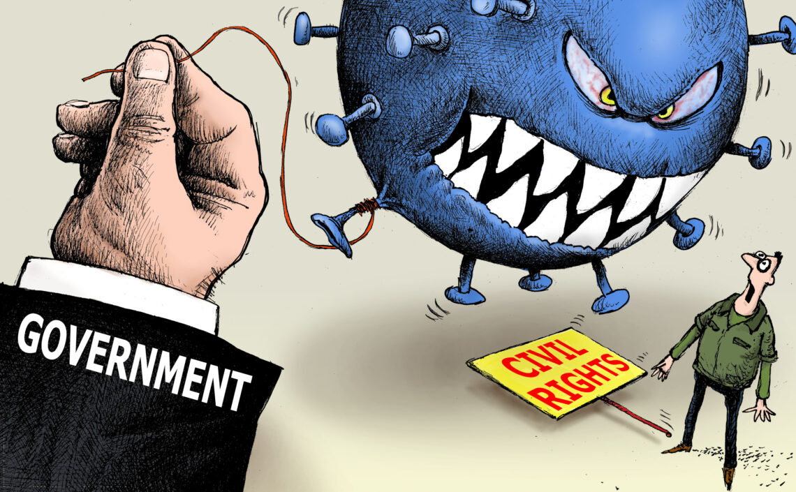 A cartoon that shows big government threatening a civil rights protester with a virus-like balloon