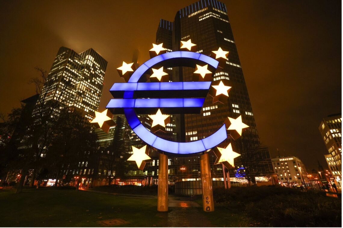 The euro symbol sign outside the former headquarters of the European Central Bank in Frankfurt