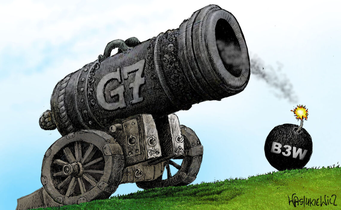 Cartoon showing a G7-cannon and a cannon ball labelled B3W