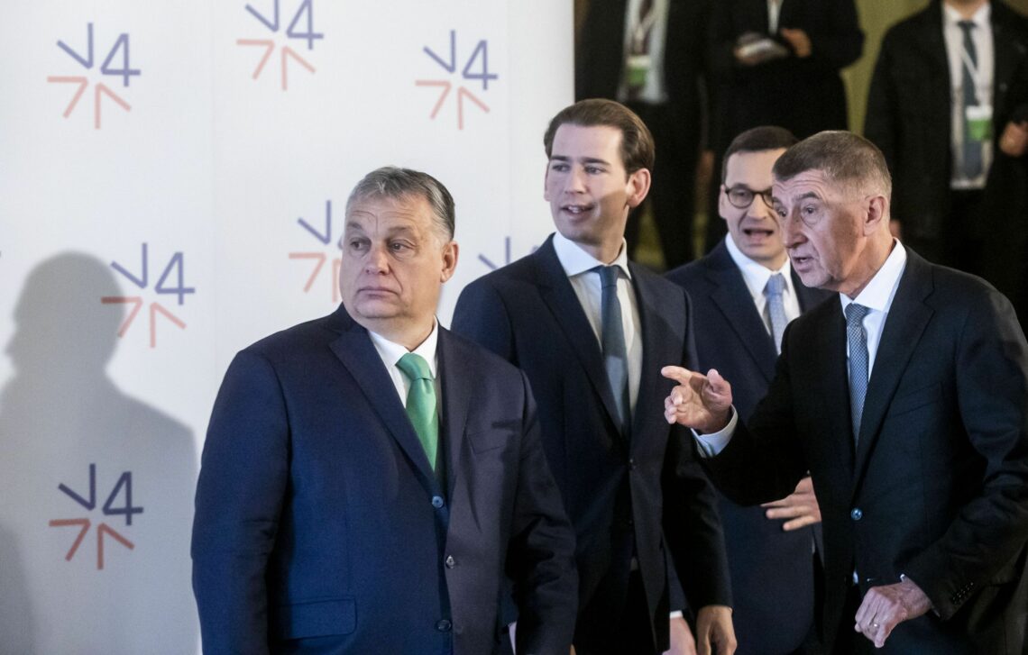 The leaders of Austria, the Czech Republic, Hungary and Poland talking at the 2020 Visegrad Group meeting