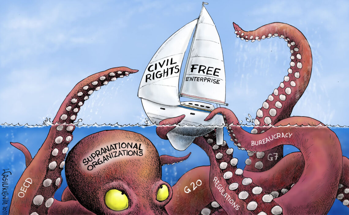 A cartoon showing a giant octopus labelled supranational bodies wrapping its arms around the defenseless sailboat of democracy