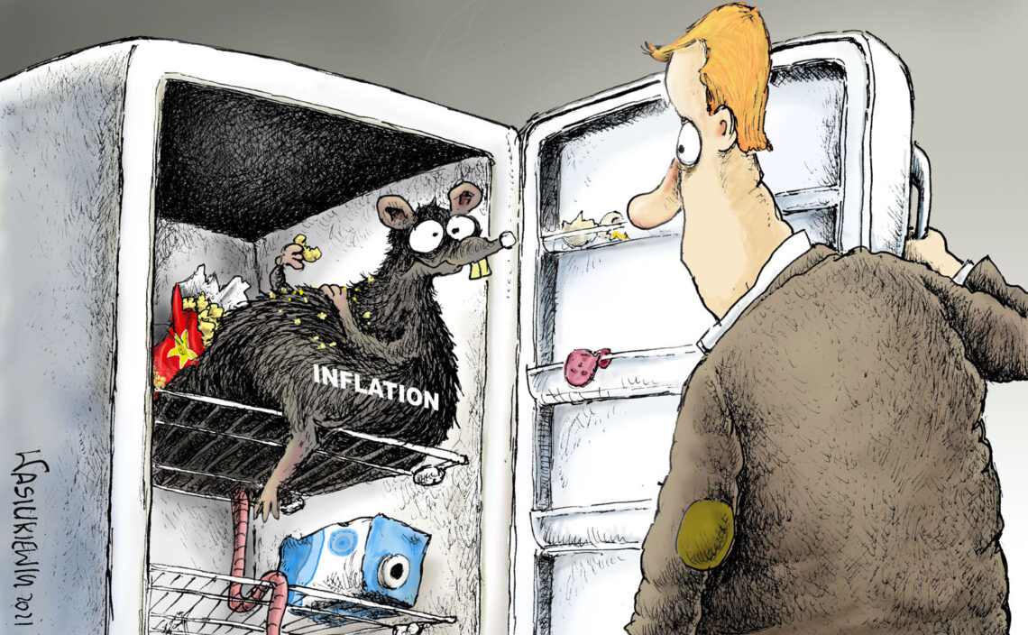 Cartoon of a rat marked “inflation” eating the contents of a fridge.
