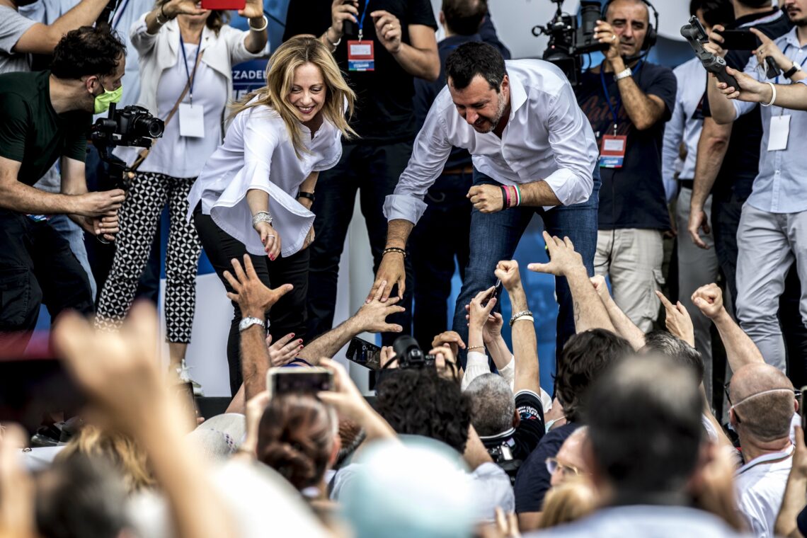 Leader of Lega Matteo Salvini and leader of Fratelli d'Italia Giorgia Meloni greet at a demonstration in Rome, Italy.