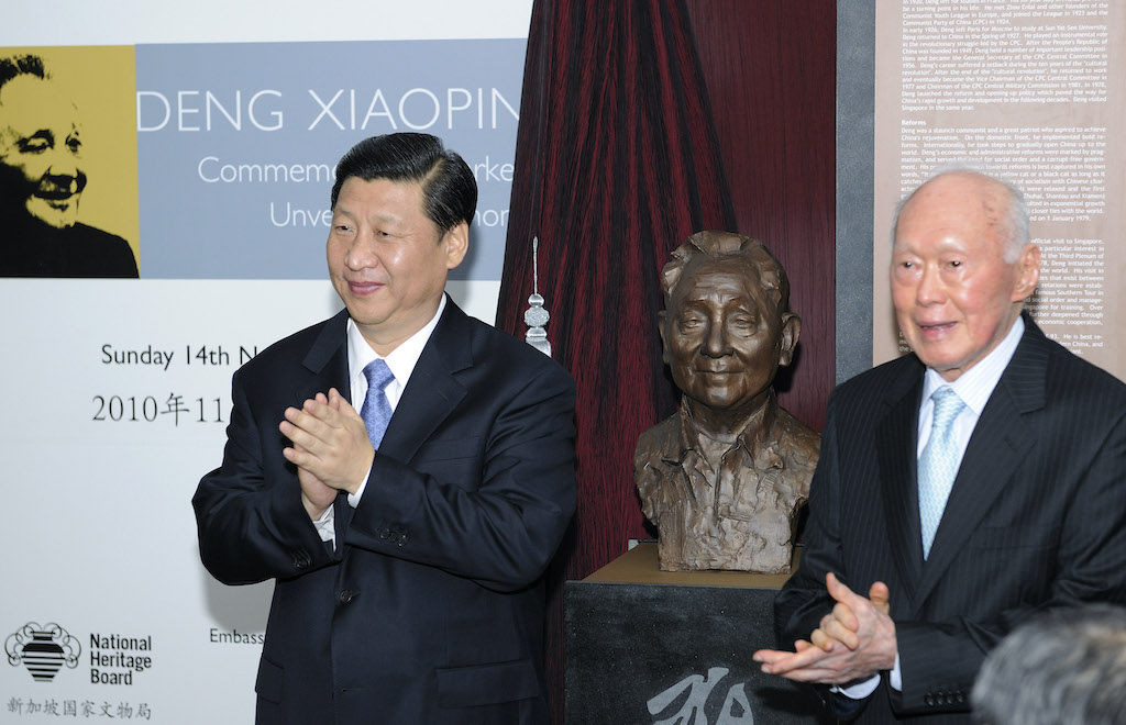 Singapore, Nov. 14, 2010: China’s then-Vice President Xi Jinping (L) and Lee Kuan Yew, Singapore’s minister mentor, unveil a commemorative marker and bust of Deng Xiaoping