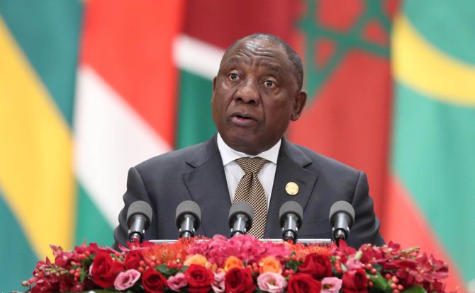 South African President Cyril Ramaphosa addresses the opening ceremony of the Beijing Summit of the Forum on China-Africa Cooperation, on Sept. 3, 2018
