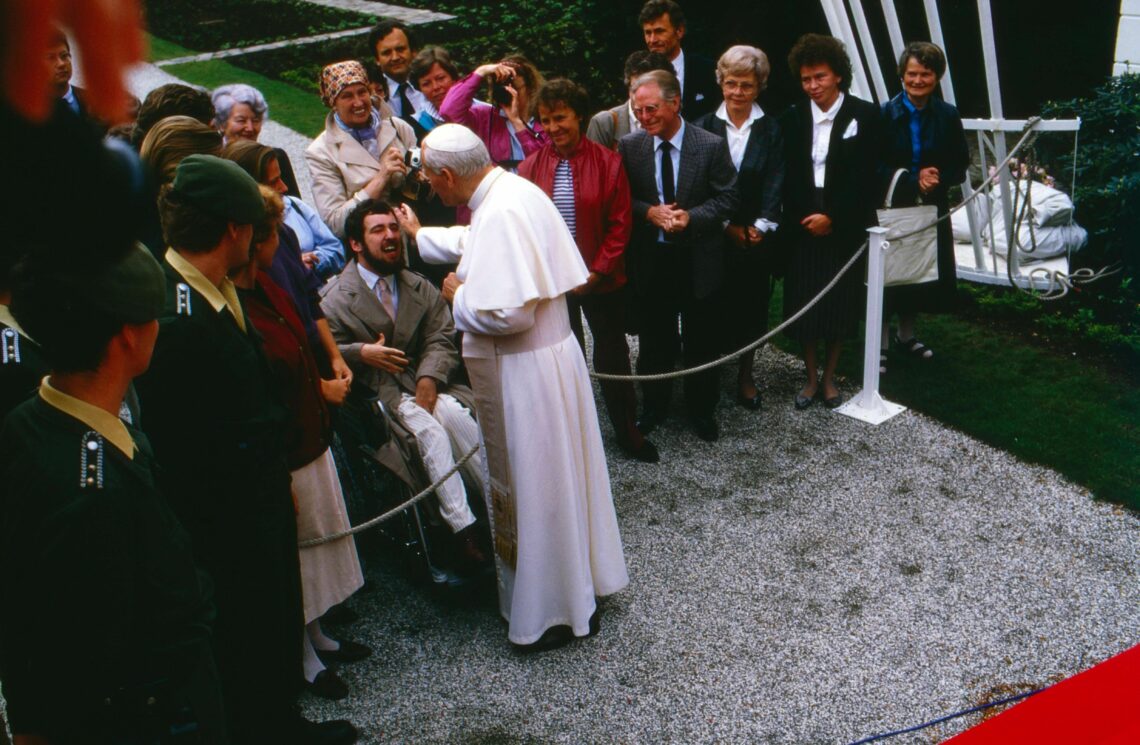 Pope John Paul II blessing spectators in the city of Essen, Germany in 1987