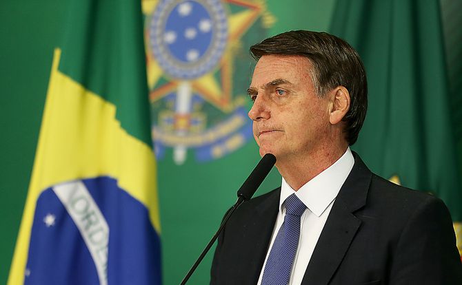 A photo of Brazilian President Jair Bolsonaro at a press conference in Brasilia, on Jan. 25, 2019