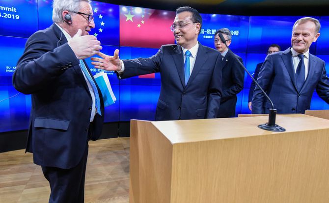 EU and Chinese leaders smile at the April 2019 EU-China Summit in Brussels
