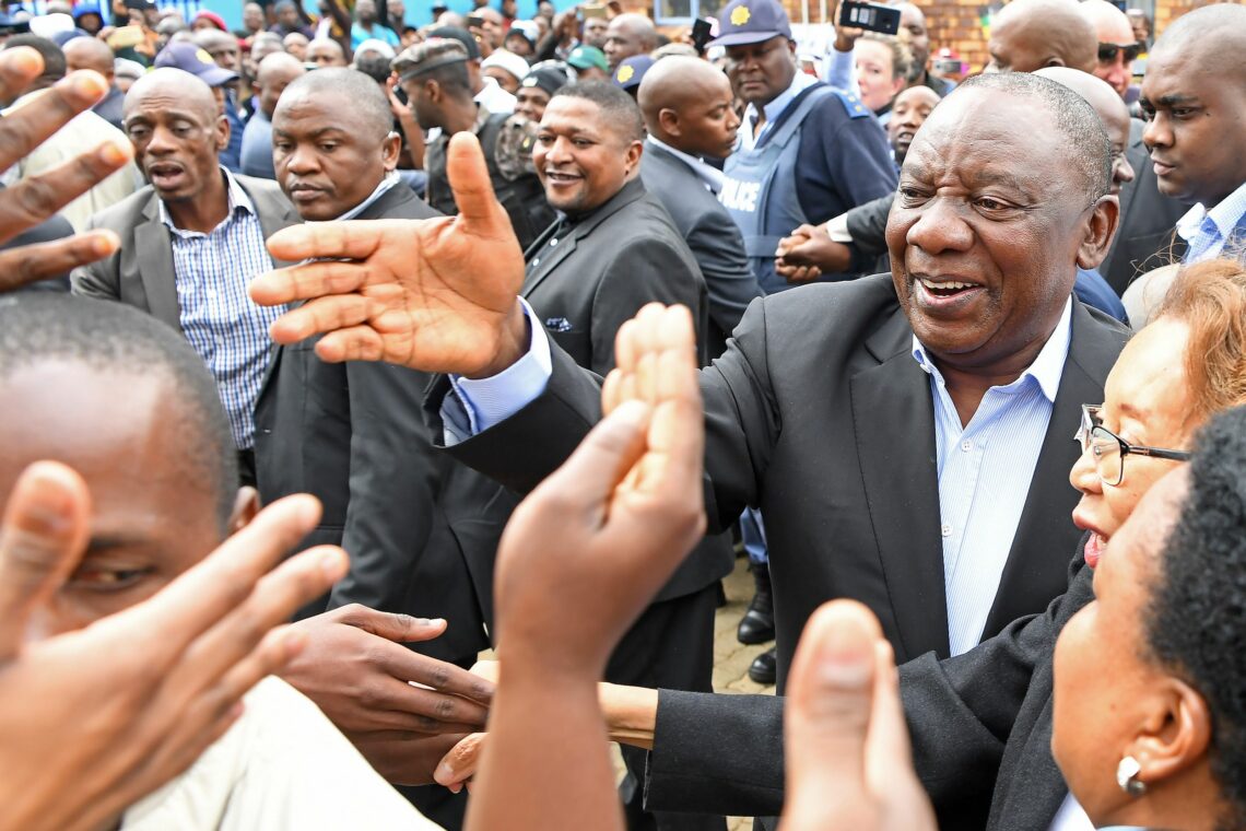 A photo of South African President Cyril Ramaphosa greeting voters at a polling station in Johannesburg, South Africa, on May 8, 2019