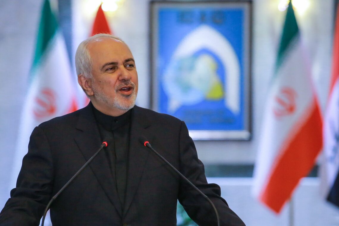 A photograph of Iranian Foreign Minister Javad Zarif speaks during a May 2019 press conference in Baghdad