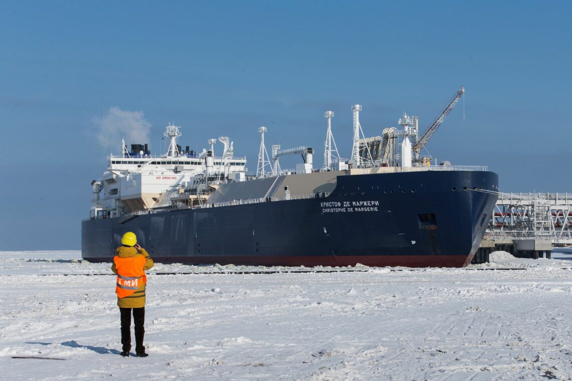 A photo of the Christophe de Margerie ice-breaking LNG carrier in Russia, in March 2017.