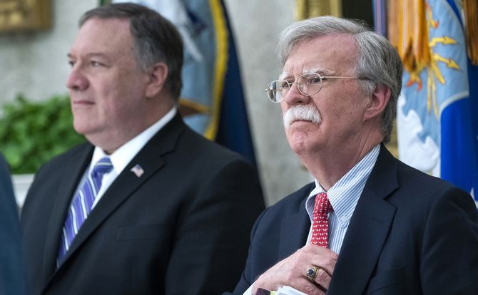 A photograph of U.S. Secretary of State Michael Pompeo and National Security Advisor John Bolton in Washington, DC, in June 2019