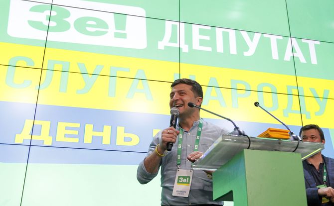 Ukrainian President Volodymyr Zelenskiy speaks to supporters after the July 21, 2019 parliamentary elections
