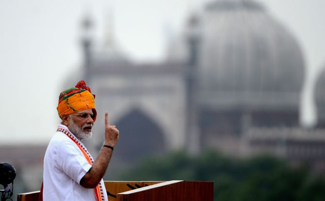 A photo of Indian Prime Minister Narendra Modi addressing the nation on Independence Day in New Delhi, on August 15, 2019