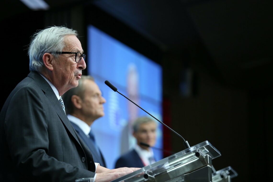 Jean-Claude Juncker speaking to journalists at the October 18 summit of the EU Council