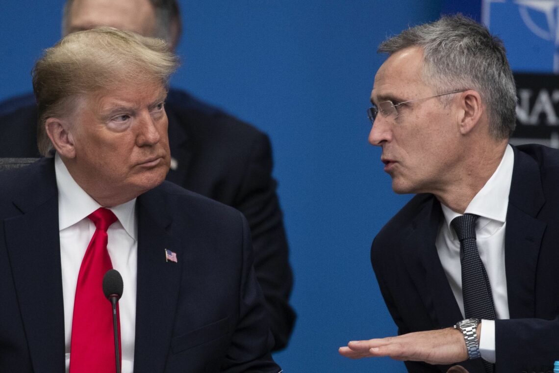U.S. President Donald Trump speaks with Jens Stoltenberg, Secretary General of NATO at a summit on December 4, 2019 in Watford, England American troops Europe