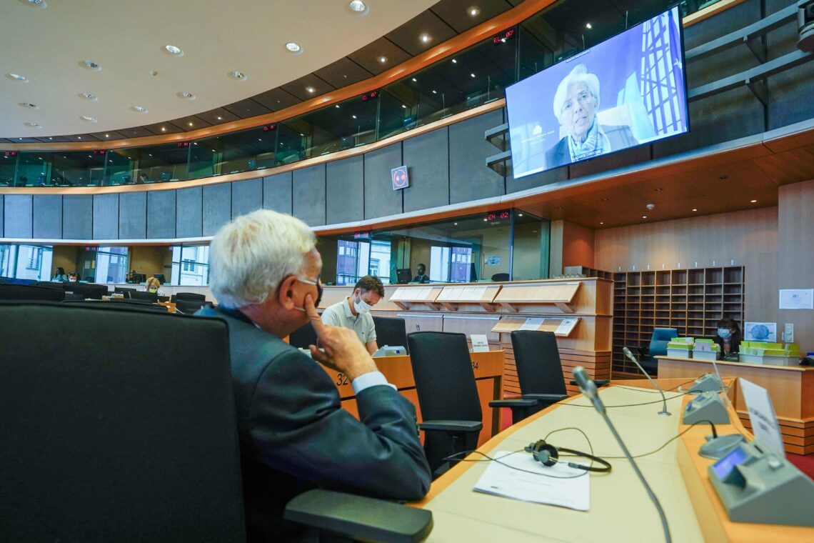 European Central Bank President Christine Lagarde on screen at a June, 2020 hearing at the Committee on Economic and Monetary Affairs of the European Parliament, in Brussels, Belgium, June 8, 2020
