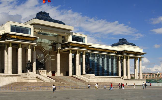 Parliament building and Government House with national flag at Sukhbaatar Square, Ulaanbaatar, Mongolia