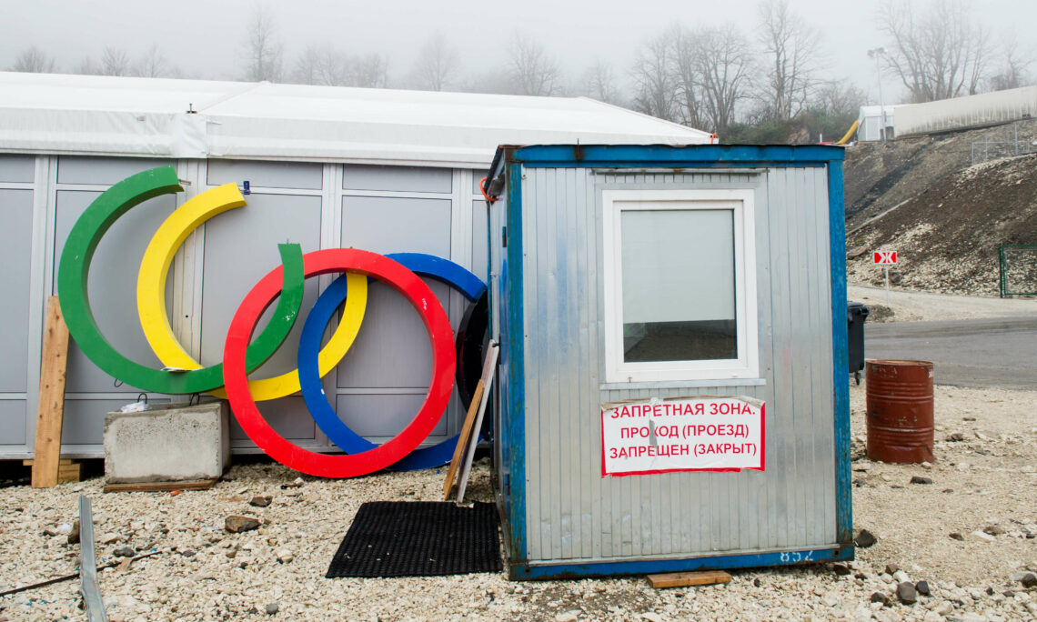 Removed Olympic rings lie next to a shelter in Rosa Khutor