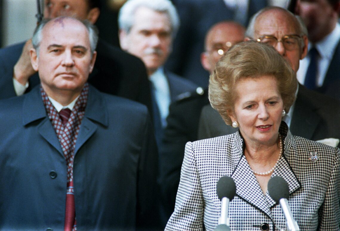 British Prime Minister Margaret Thatcher and Soviet leader Mikhail Gorbachev at a press conference in 1987