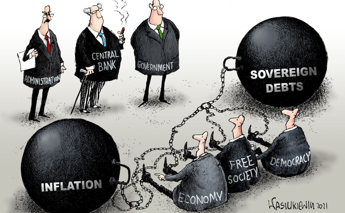 A cartoon showing freedom shackled by bureaucracy with inflation and debt