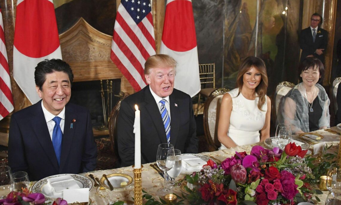 Prime Minister Shinzo Abe and President Donald Trump enjoy dinner at Mar-a-Lago, April 18, 2018 Japan's security