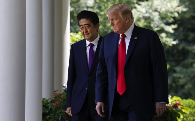 Japan’s Prime Minister Shinzo Abe and President Donald Trump at the White House, June 2018