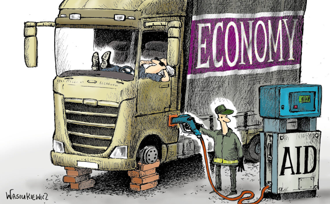 A cartoon of a truck without wheels being fueled with money
