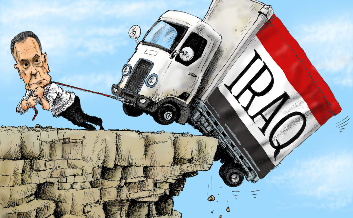 An illustration of Mustafa Al-Kadhimi using a rope to keep a truck, labeled with an Iraqi flag, from falling off a cliff.