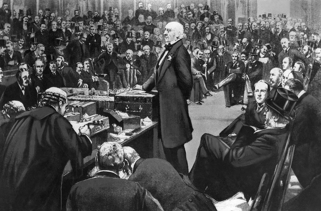 An undated image showing British Prime Minister Gladstone submitting the Home Rule Bill to the House of Commons