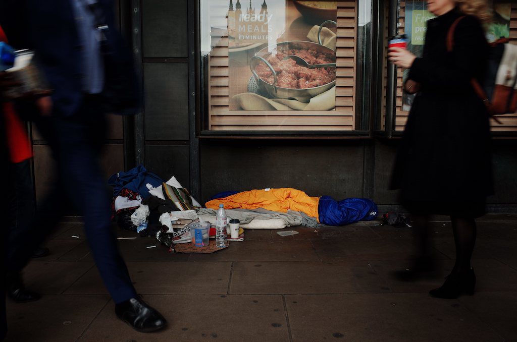 A picture of makeshift bedding of a homeless person at a London subway station