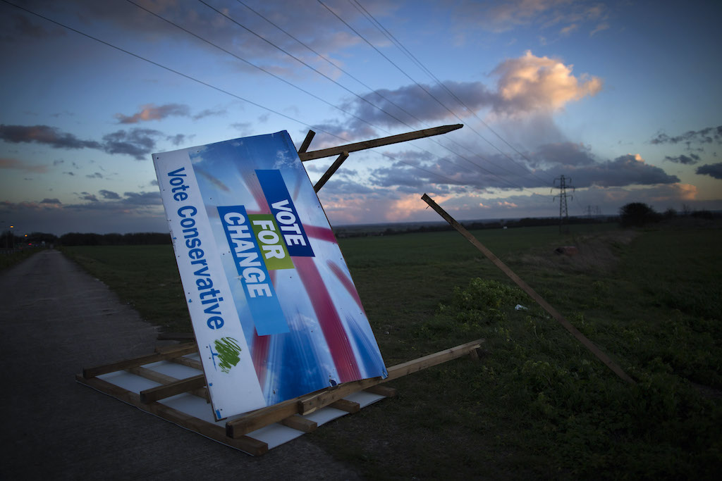 A wind-broken political placard in the UK