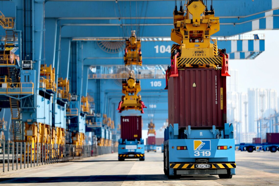 An automated guided vehicle at Qingdao Port in China’s Shandong Province.