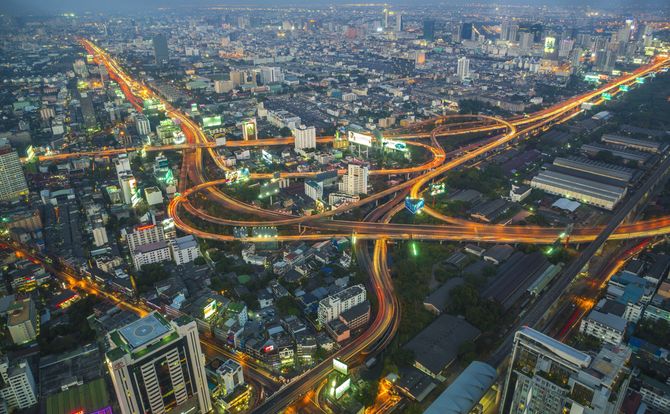 Nighttime view of motorway junction in Bangkok, Thailand great-power rivalries